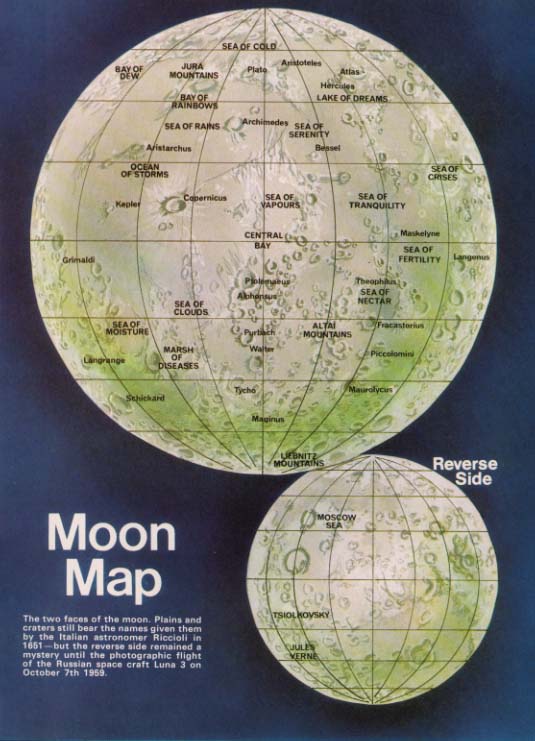 Moon Map: The two faces of the moon. Plains and craters still bear the names given them by the Italian astronomer Riccioli in 1651--but the reverse side remained a mystery until the photographic flight of the Russian space craft Luna 3 on October 7, 1959.