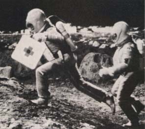 Rescue teams bounding across the lunar surface