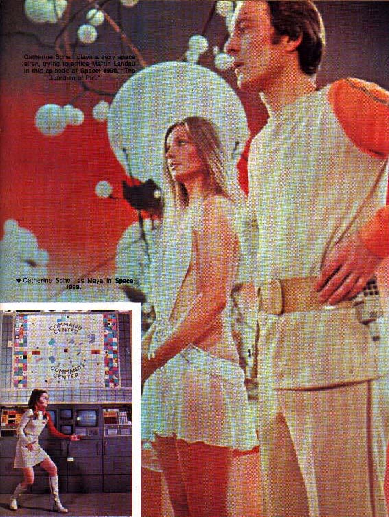 Catherine Schell plays a sexy space alien, trying to entice Martin Landau in this episode of Space: 1999, Guardian of Piri, Inset: Catherine Schell as Maya in Space: 1999