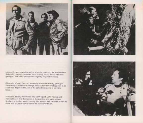 1. Koenig, Carter, Maya and Reilly on the planet of the rock creature in All That Glisters, 2. Reilly examines the rock creature as Maya looks on, 3. John and Helena being threatened at knifepoint by the chief of the MacDonald clan after being accidentally sent to 14th century Scotland in Journey to Where