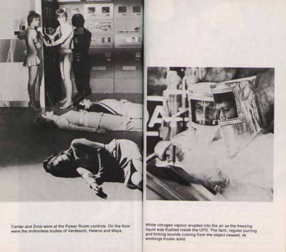 1. Cantar and Zova taking power from Alpha's life support systems after knocking out Maya, Helena and Tony in The Exiles, 2. The Alphans try to open the strange pod in The Exiles