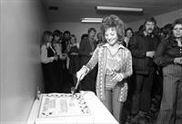 Sylvia Anderson cuts her birthday cake, 1975?
