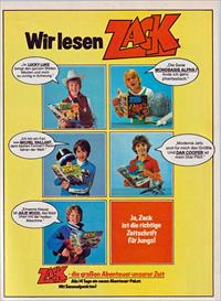 Zack advert 'We read Zack' from Zack Box 32. 'I think the Moonbase Alpha series is fantastic' 'Yes, Zack is the right magazine for boys'